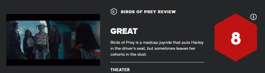 《猛禽小队和哈莉·奎茵》IGN 8分 烂番茄新鲜度89%、M站均分59分